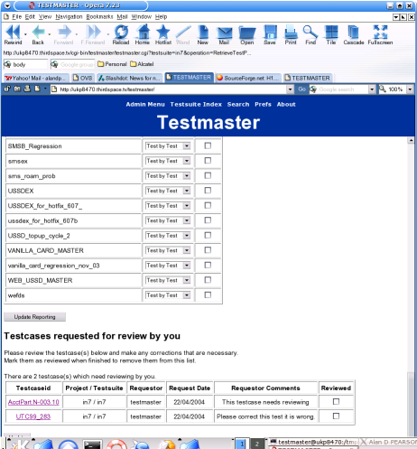 User preferences showing testcases that need reviewed